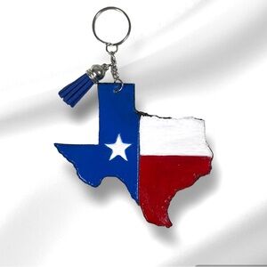 New Handmade Genuine Leather Texas Flag Keychain with Blue Tessel.